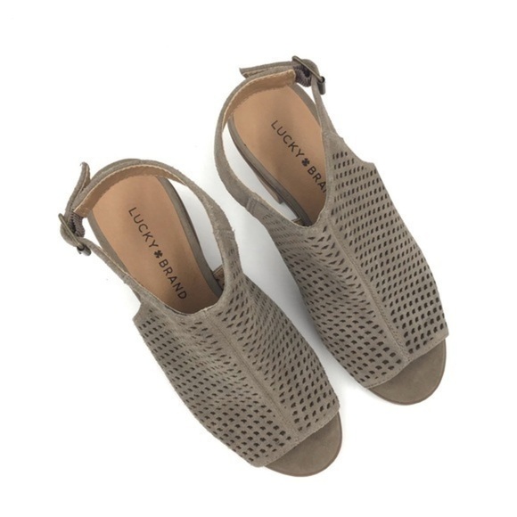 Lucky Brand Taupe Suede Perforated Heeled Sandals Size 7.5 - Picture 3 of 7